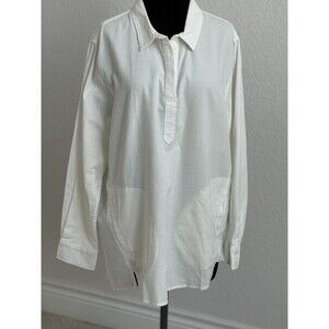 Garnet Hill Women’s L Cotton Pullover Tunic Top Collar V-Neck‎ Long Sleeve White